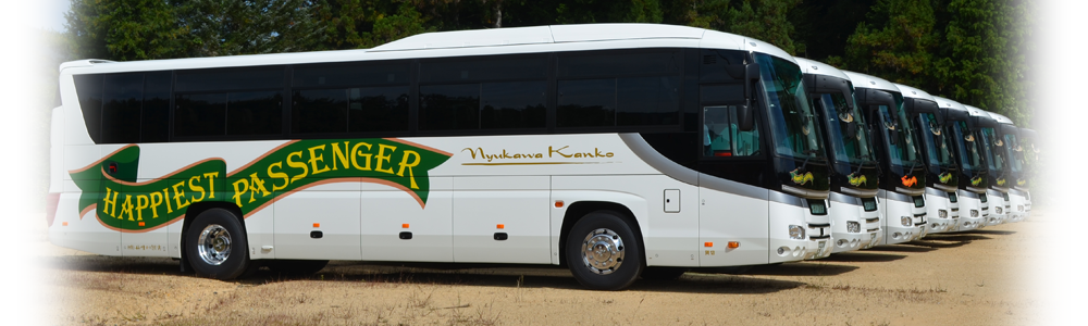 丹生川観光のバスが駐車場に右を向いて10台ほど並んでいる画像